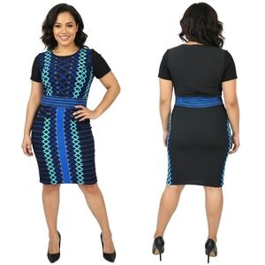 Ashley Stewart Bodycon Dress 14/16 Black Blue F3047X Geometric Plus Size‎ Edgy